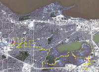 Map of GPS track and damage points, Madison.